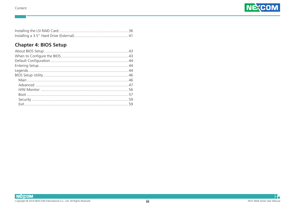 Chapter 4: bios setup | NEXCOM NViS 5604-i5 User Manual | Page 3 / 73