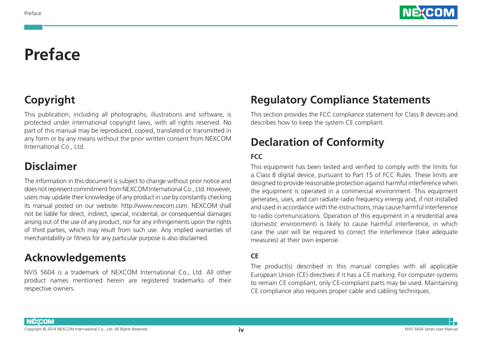 Preface, Copyright, Disclaimer | Acknowledgements, Regulatory compliance statements, Declaration of conformity | NEXCOM NViS 5604-i5 User Manual | Page 4 / 73