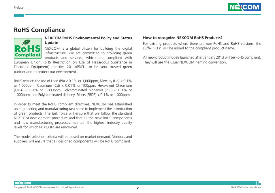 Rohs compliance | NEXCOM NViS 5604-i5 User Manual | Page 5 / 73