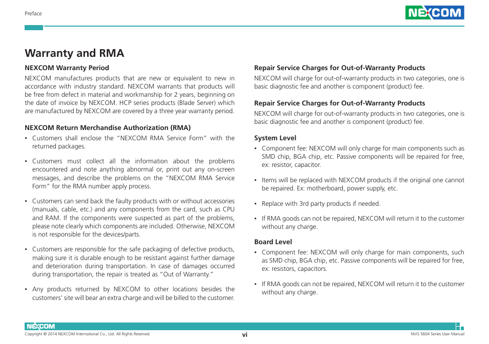 Warranty and rma | NEXCOM NViS 5604-i5 User Manual | Page 6 / 73