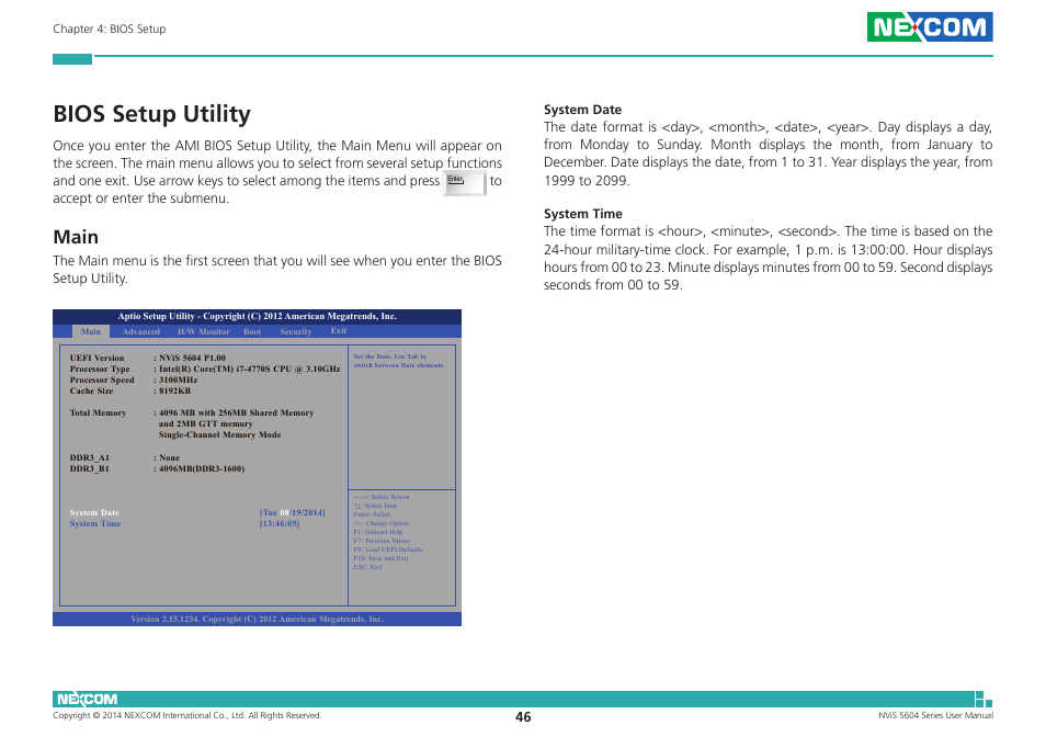 Bios setup utility, Main | NEXCOM NViS 5604-i5 User Manual | Page 60 / 73