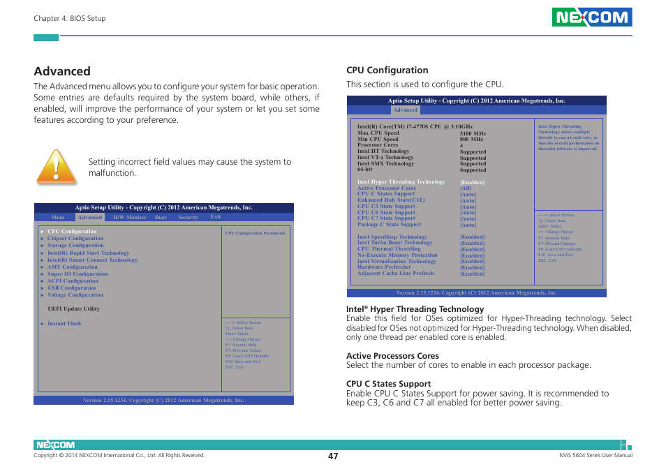 Advanced, Cpu configuration, Intel | NEXCOM NViS 5604-i5 User Manual | Page 61 / 73