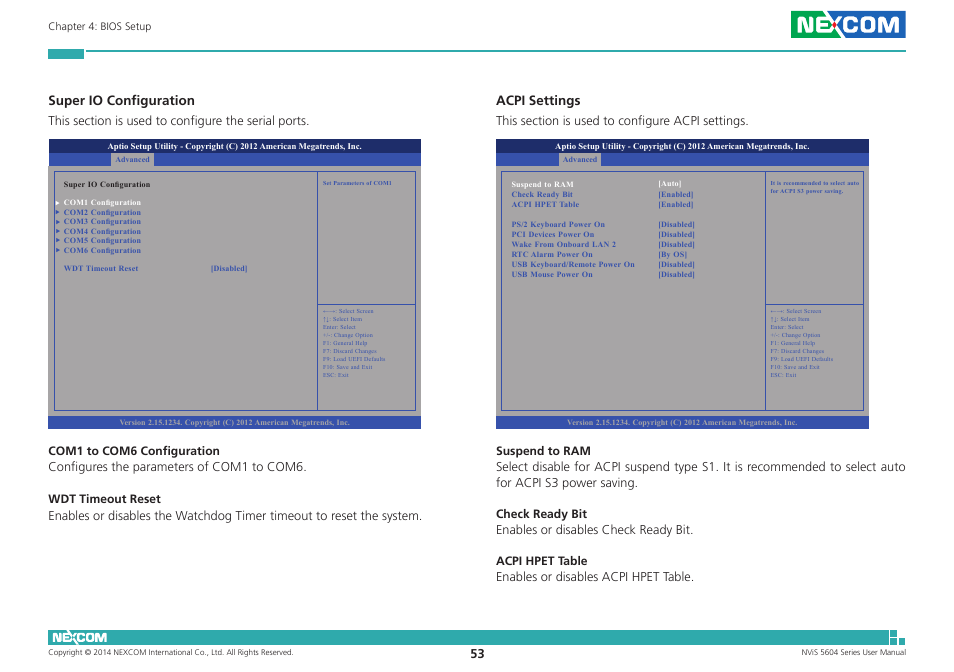 Acpi settings, Super io configuration | NEXCOM NViS 5604-i5 User Manual | Page 67 / 73