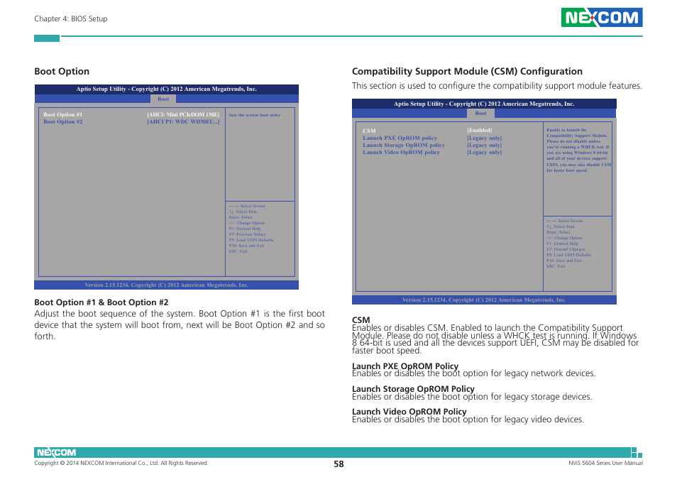 Boot option, Compatibility support module (csm) configuration | NEXCOM NViS 5604-i5 User Manual | Page 72 / 73