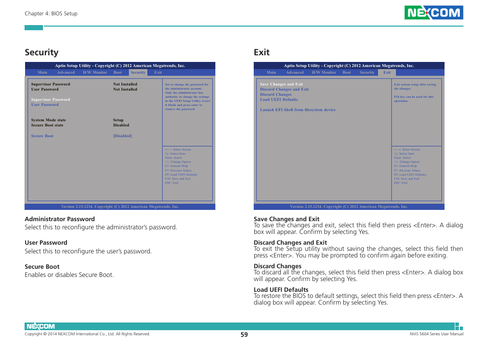 Security, Exit, Security exit | NEXCOM NViS 5604-i5 User Manual | Page 73 / 73