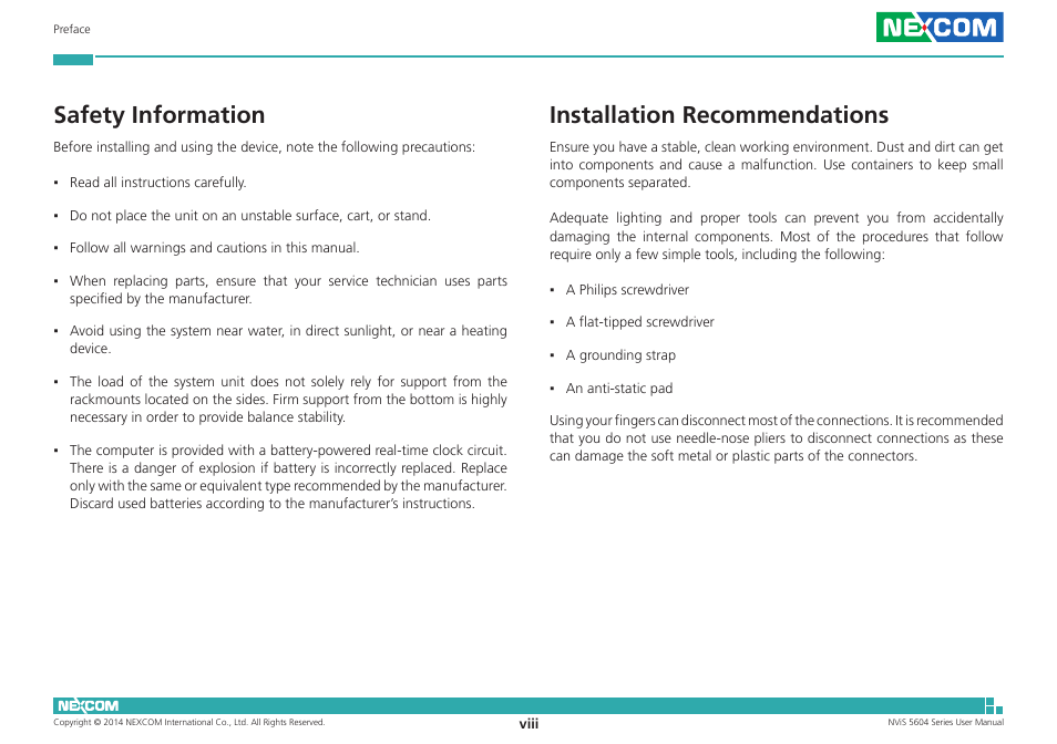 Safety information, Installation recommendations | NEXCOM NViS 5604-i5 User Manual | Page 8 / 73