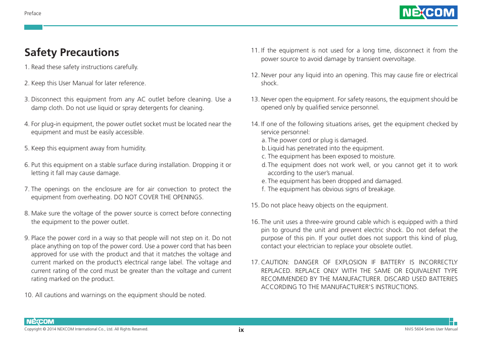 Safety precautions | NEXCOM NViS 5604-i5 User Manual | Page 9 / 73