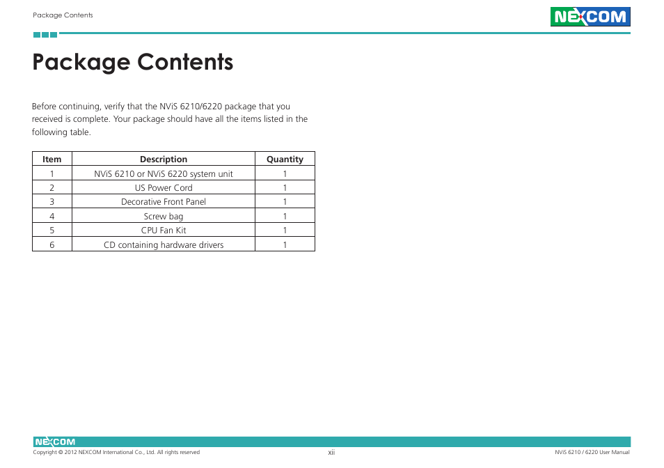 Package contents | NEXCOM NViS 6220 User Manual | Page 12 / 79