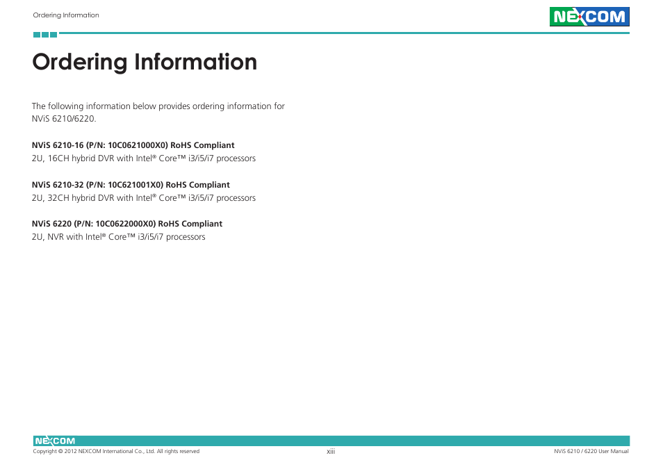 Ordering information | NEXCOM NViS 6220 User Manual | Page 13 / 79