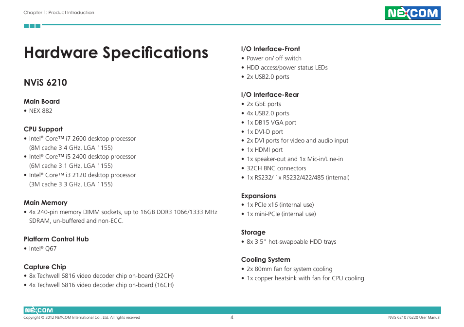 Hardware specifications, Nvis 6210 | NEXCOM NViS 6220 User Manual | Page 17 / 79