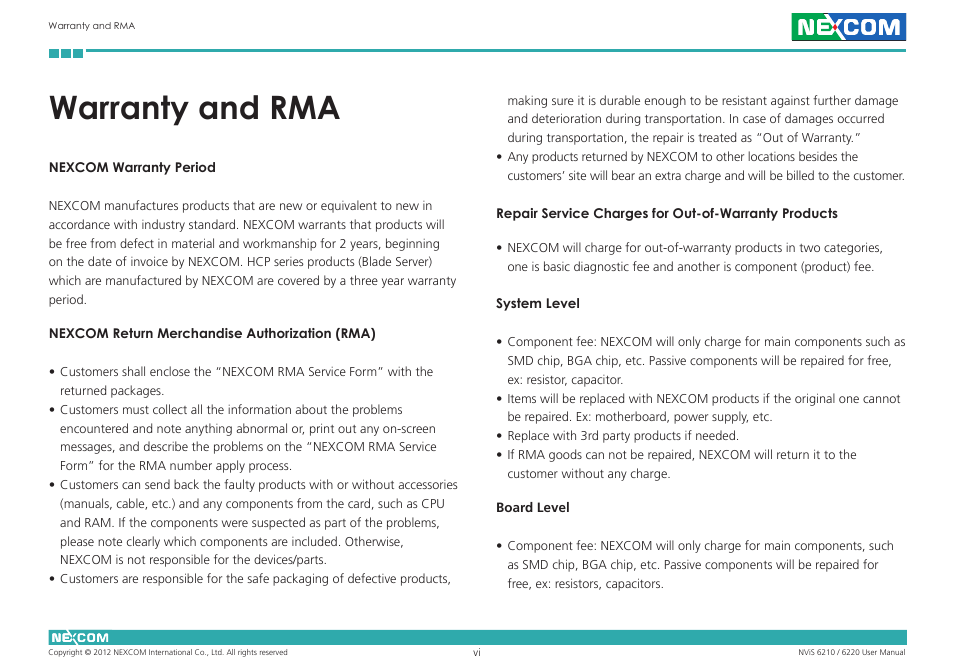 Warranty and rma | NEXCOM NViS 6220 User Manual | Page 6 / 79