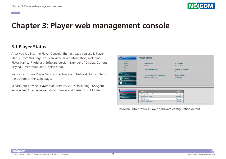 Chapter 3: player web management console, 1 player status | NEXCOM PDSP 0811 User Manual | Page 10 / 55