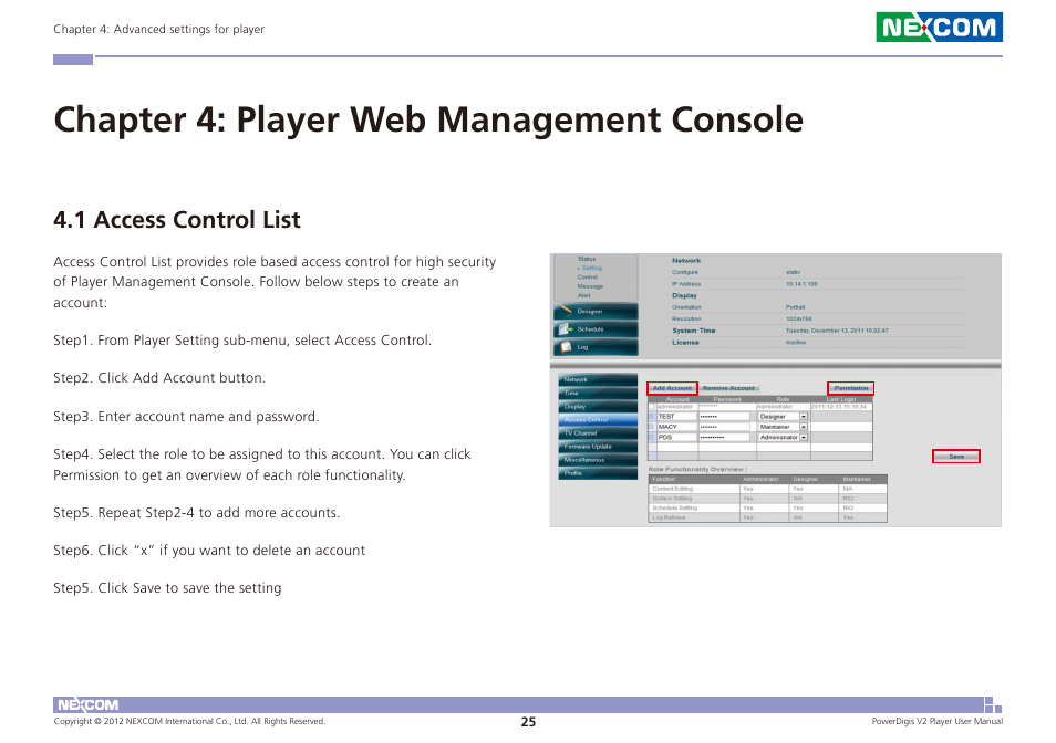 Chapter 4: player web management console, 1 access control list | NEXCOM PDSP 0811 User Manual | Page 28 / 55