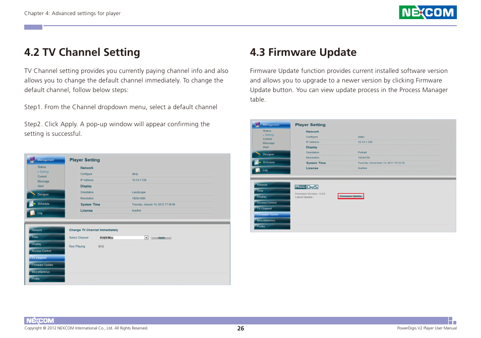 2 tv channel setting, 3 firmware update | NEXCOM PDSP 0811 User Manual | Page 29 / 55