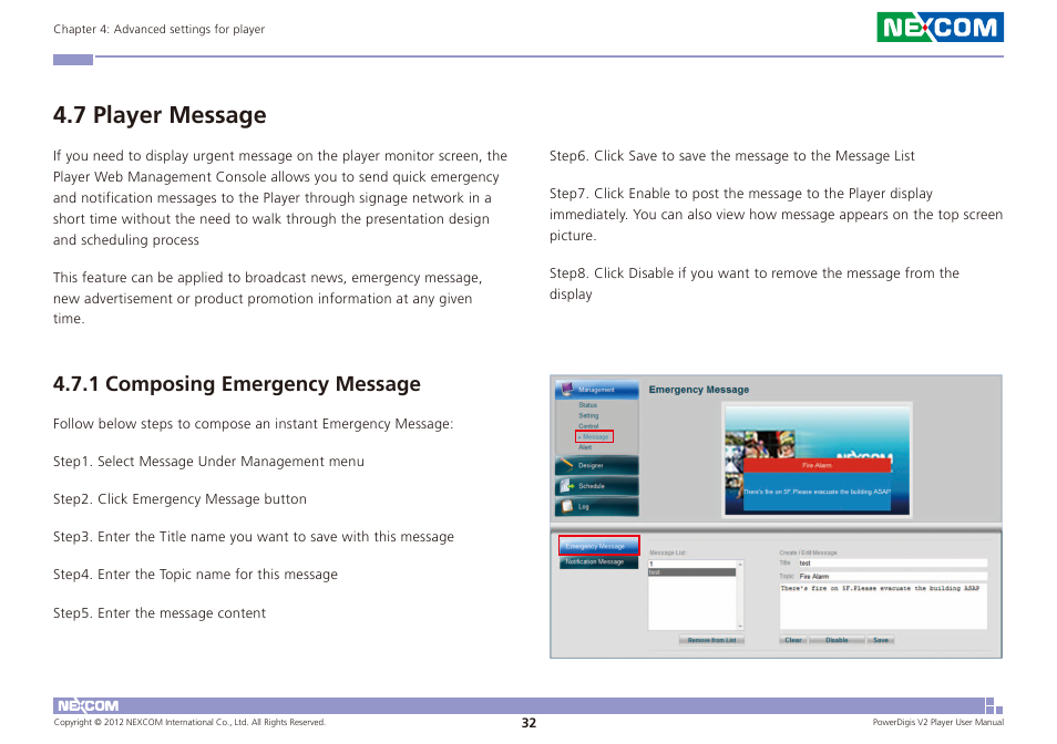 7 player message, 1 composing emergency message | NEXCOM PDSP 0811 User Manual | Page 35 / 55