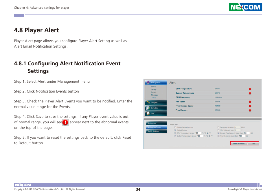 8 player alert, 1 configuring alert notification event settings | NEXCOM PDSP 0811 User Manual | Page 37 / 55