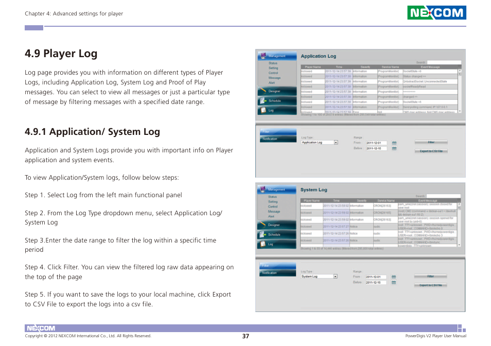 9 player log, 1 application/ system log | NEXCOM PDSP 0811 User Manual | Page 40 / 55