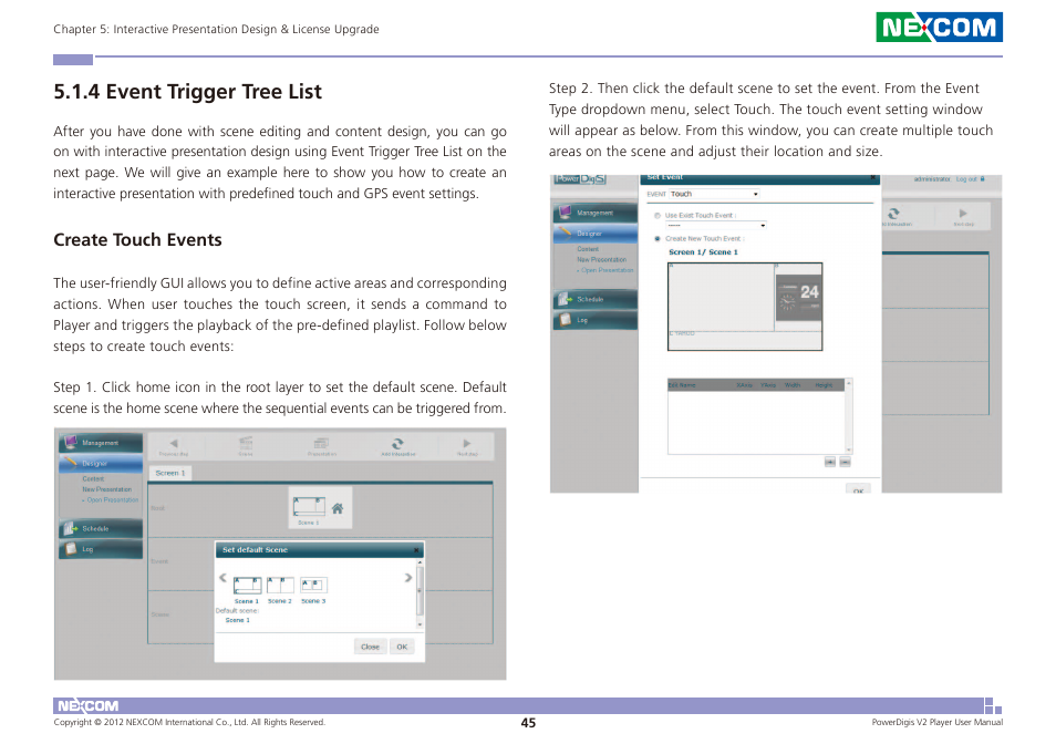 4 event trigger tree list, Create touch events | NEXCOM PDSP 0811 User Manual | Page 48 / 55