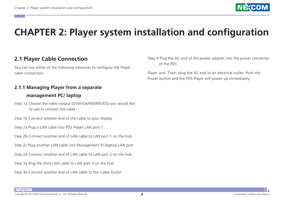 1 player cable connection | NEXCOM PDSP 0811 User Manual | Page 7 / 55
