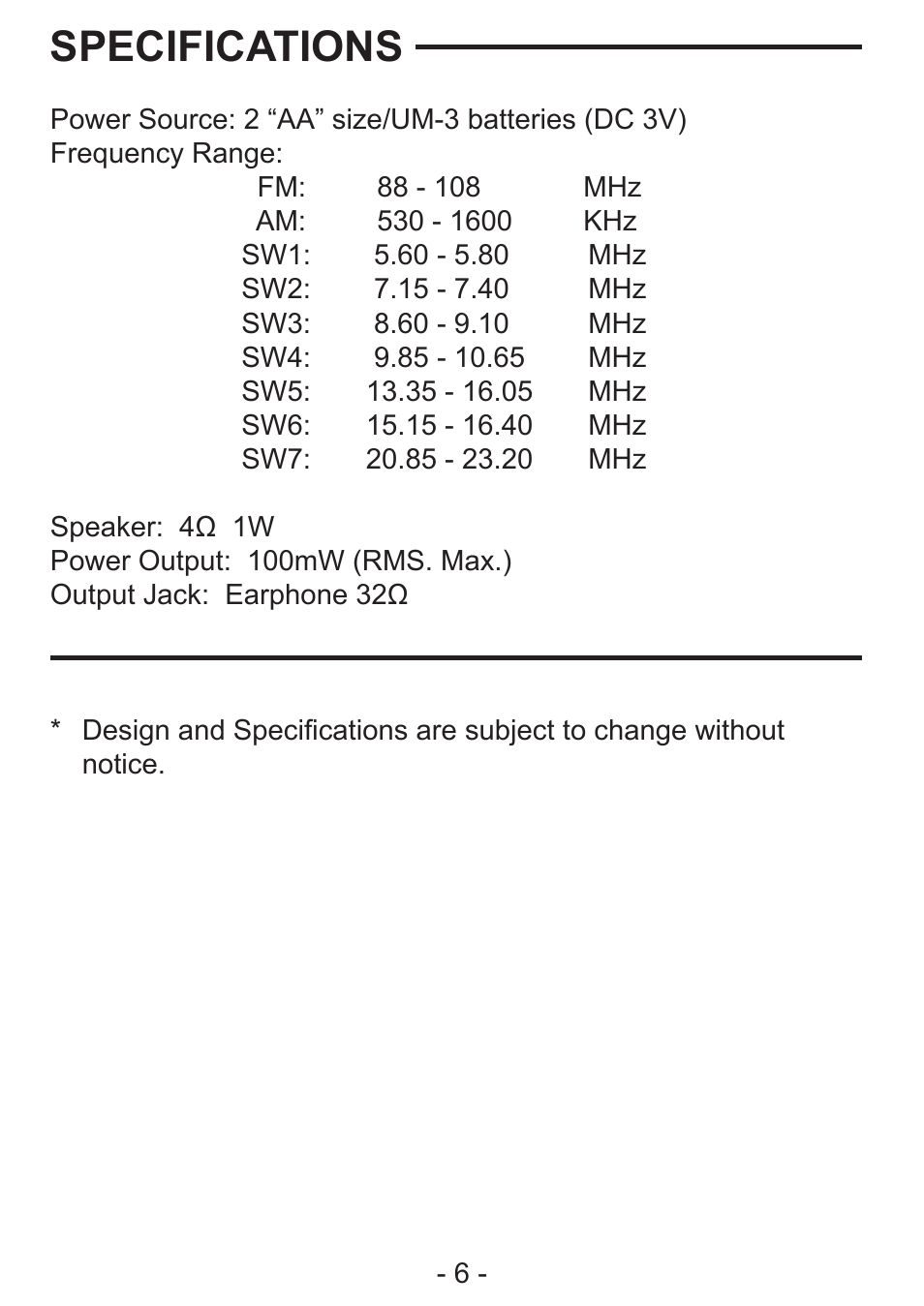 Specifications | COBY CX-CB91 User Manual | Page 6 / 6