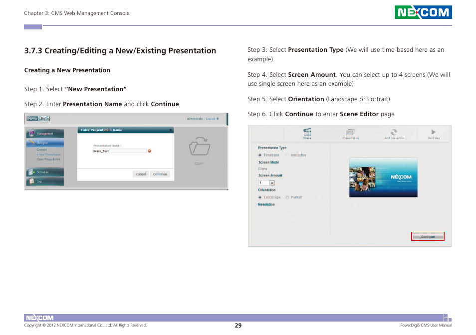 3 creating/editing a new/existing presentation | NEXCOM CMS 1100 User Manual | Page 32 / 56