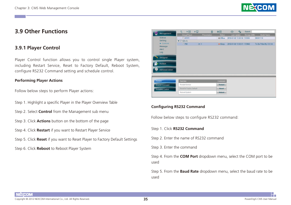 9 other functions, 1 player control | NEXCOM CMS 1100 User Manual | Page 38 / 56