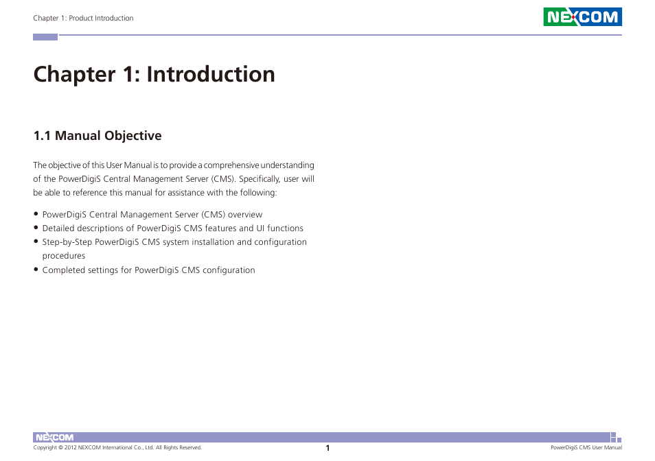 Chapter 1: introduction, 1 manual objective | NEXCOM CMS 1100 User Manual | Page 4 / 56