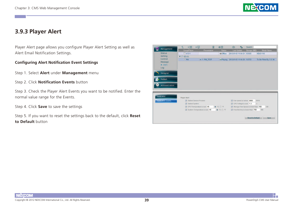 3 player alert | NEXCOM CMS 1100 User Manual | Page 42 / 56