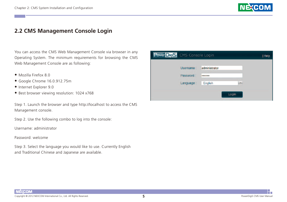 2 cms management console login | NEXCOM CMS 1100 User Manual | Page 8 / 56
