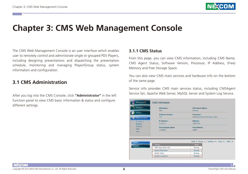 Chapter 3: cms web management console, 1 cms administration | NEXCOM CMS 1100 User Manual | Page 9 / 56