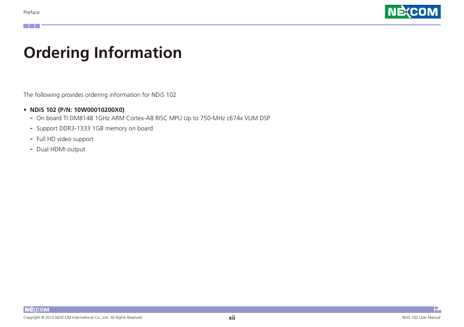 Ordering information | NEXCOM NDiS 102 User Manual | Page 12 / 20
