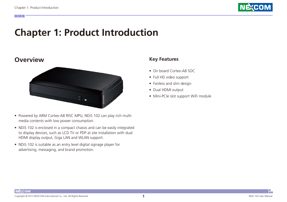 Chapter 1: product introduction, Overview, Key features | NEXCOM NDiS 102 User Manual | Page 13 / 20