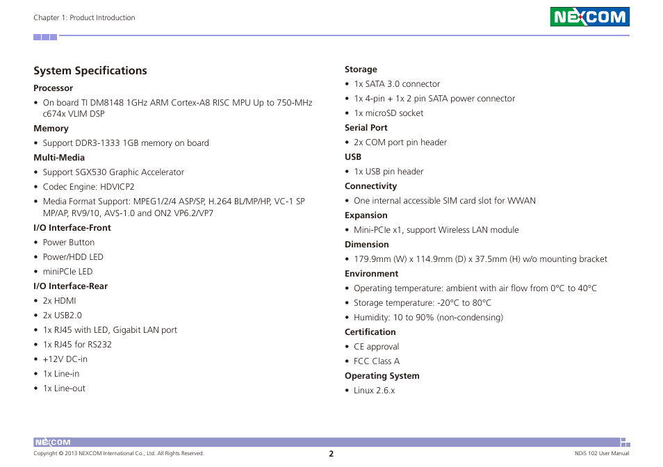 System specifications | NEXCOM NDiS 102 User Manual | Page 14 / 20