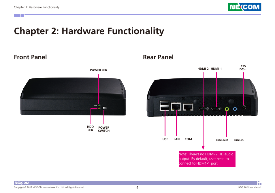 Chapter 2: hardware functionality, Front panel rear panel | NEXCOM NDiS 102 User Manual | Page 16 / 20