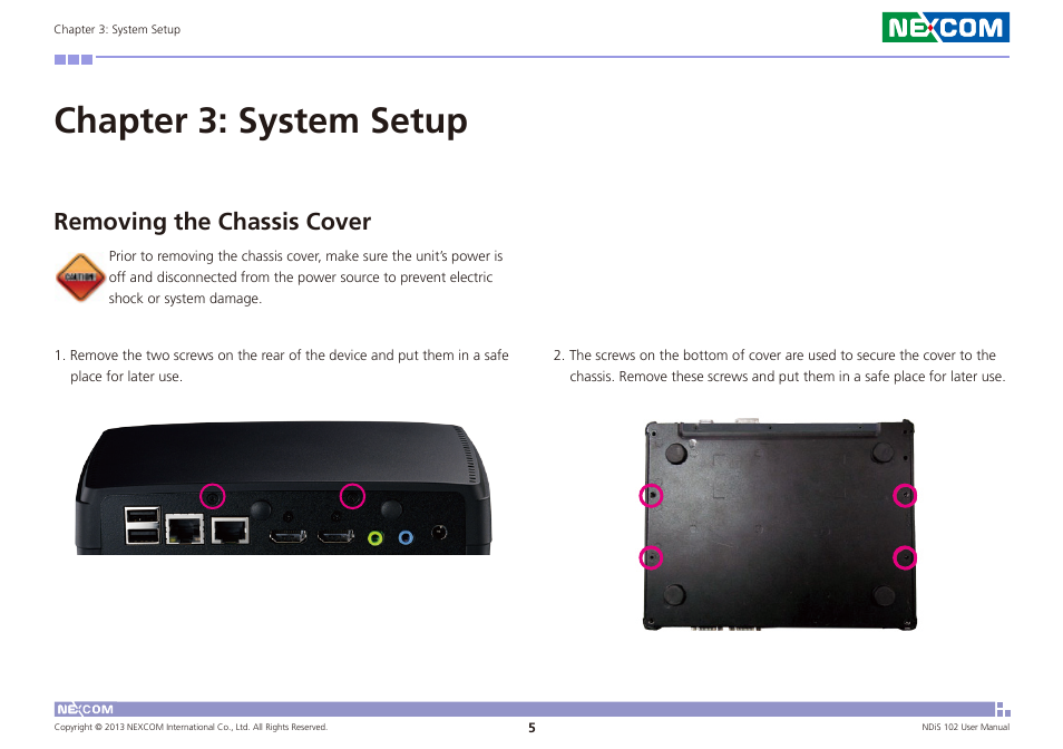 Chapter 3: system setup, Removing the chassis cover | NEXCOM NDiS 102 User Manual | Page 17 / 20