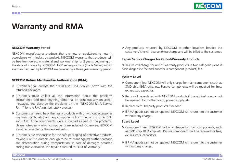 Warranty and rma | NEXCOM NDiS 102 User Manual | Page 5 / 20
