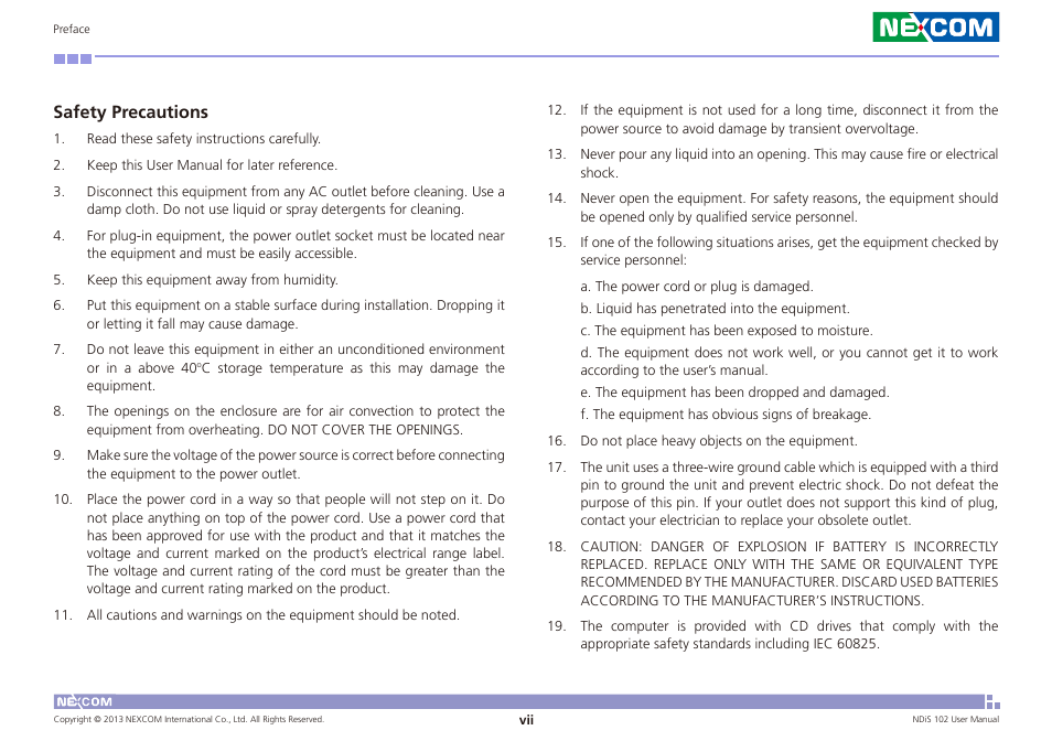 Safety precautions | NEXCOM NDiS 102 User Manual | Page 7 / 20
