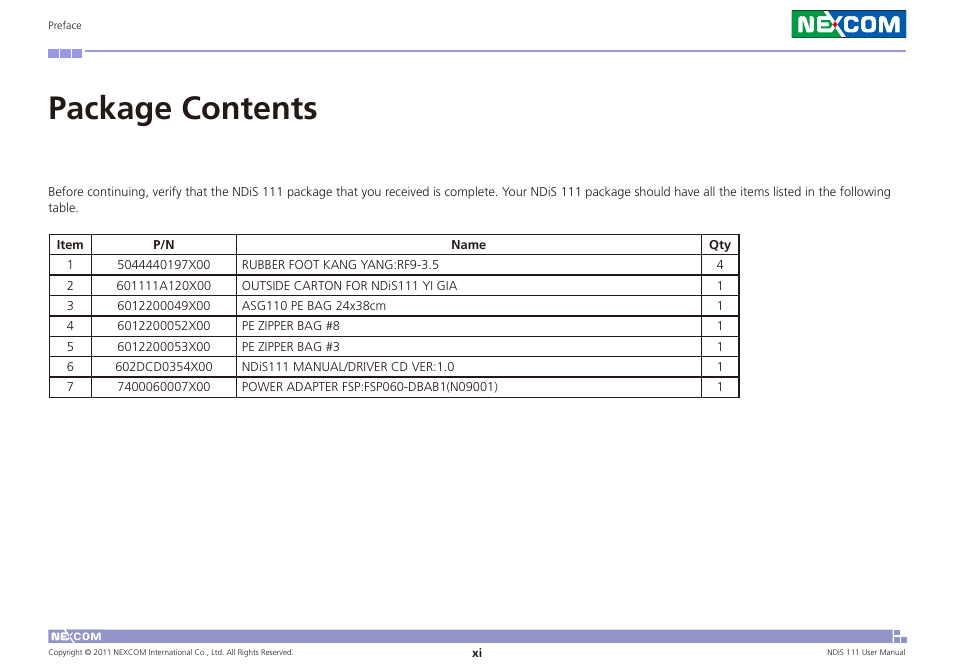 Package contents | NEXCOM NDiS 111 User Manual | Page 11 / 38