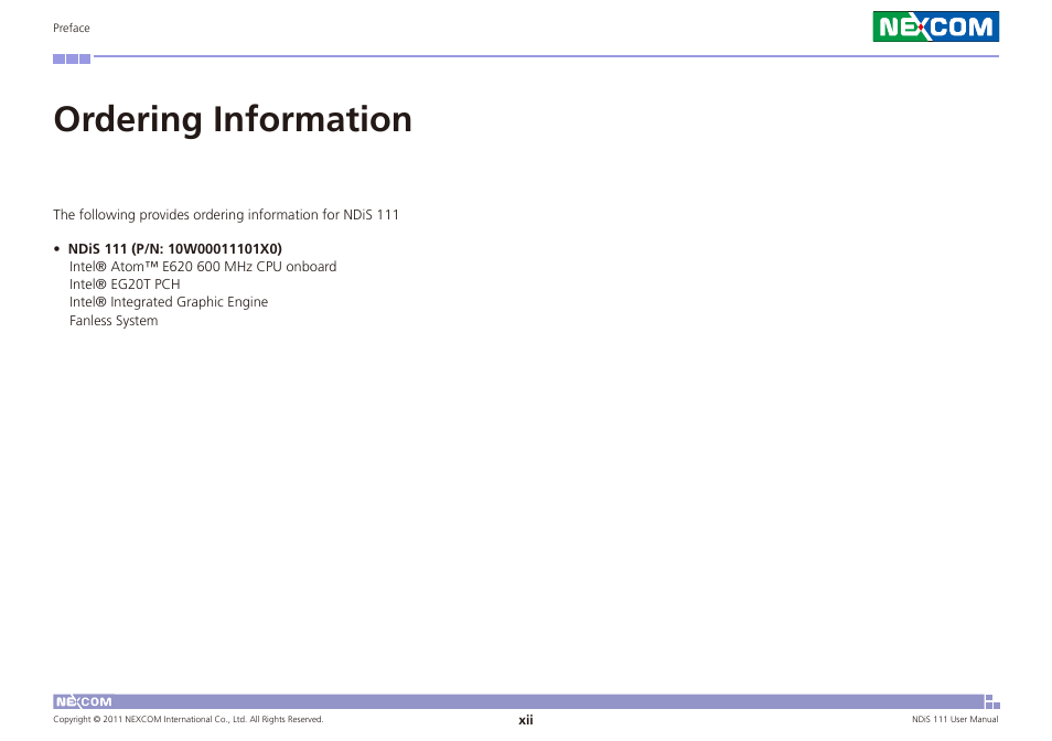 Ordering information | NEXCOM NDiS 111 User Manual | Page 12 / 38