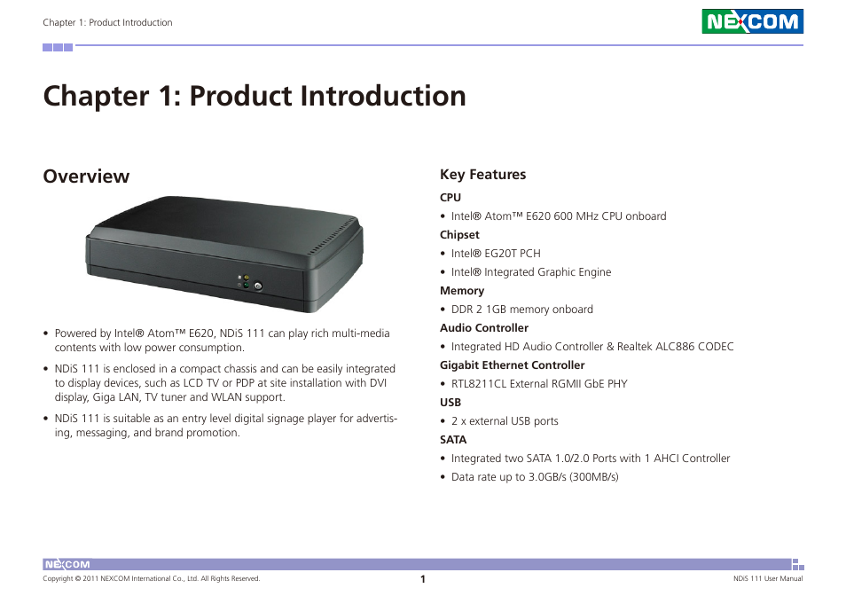 Chapter 1: product introduction, Overview, Key features | NEXCOM NDiS 111 User Manual | Page 13 / 38
