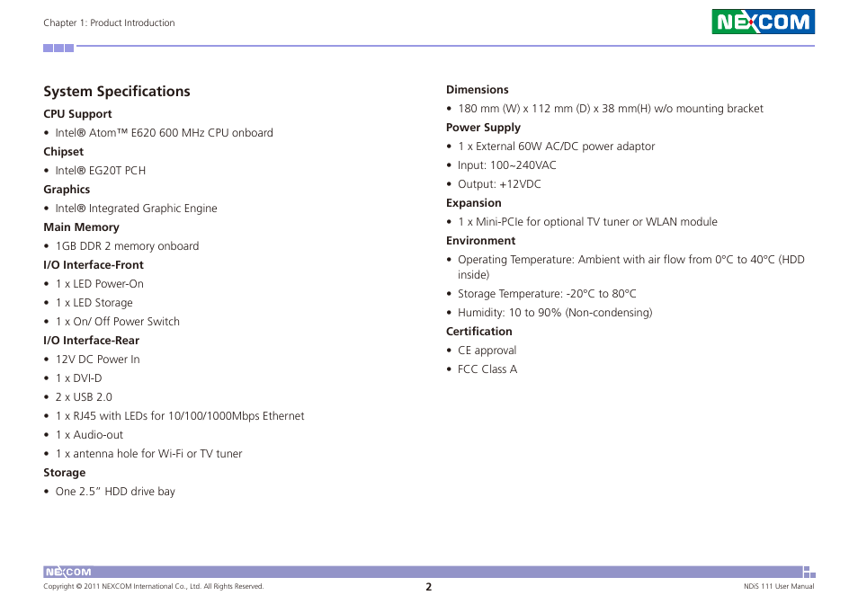 System specifications | NEXCOM NDiS 111 User Manual | Page 14 / 38