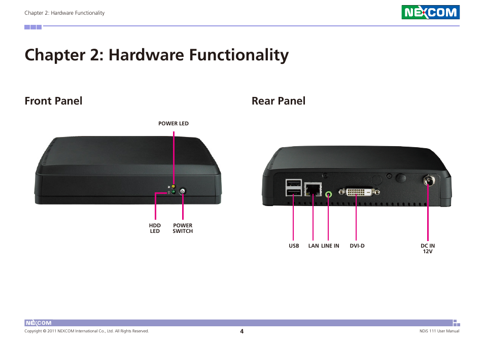 Chapter 2: hardware functionality, Front panel rear panel | NEXCOM NDiS 111 User Manual | Page 16 / 38