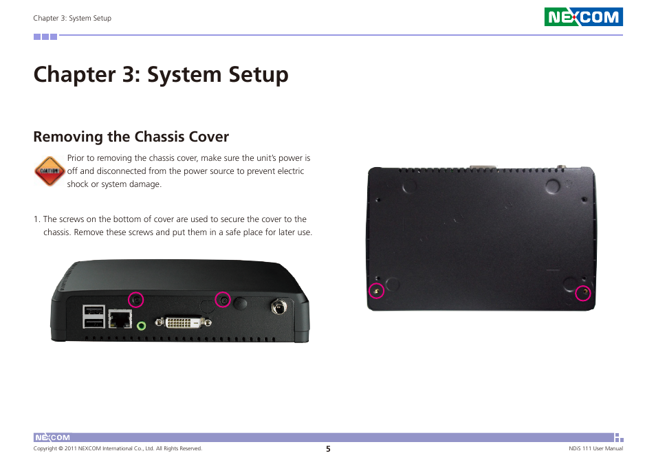 Chapter 3: system setup, Removing the chassis cover | NEXCOM NDiS 111 User Manual | Page 17 / 38