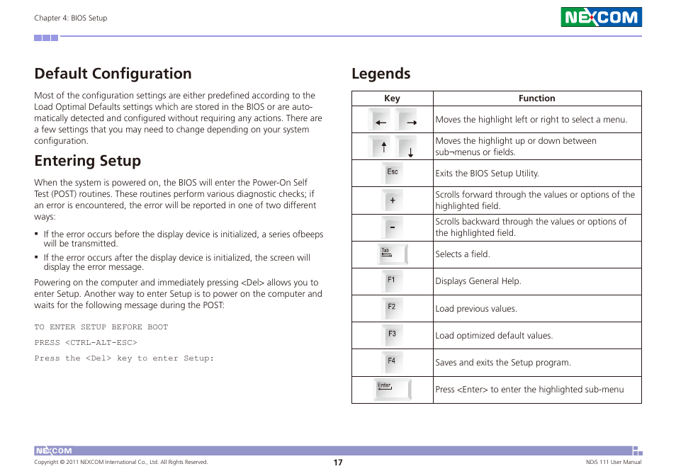 Default configuration entering setup legends, Default configuration, Entering setup | Legends | NEXCOM NDiS 111 User Manual | Page 29 / 38