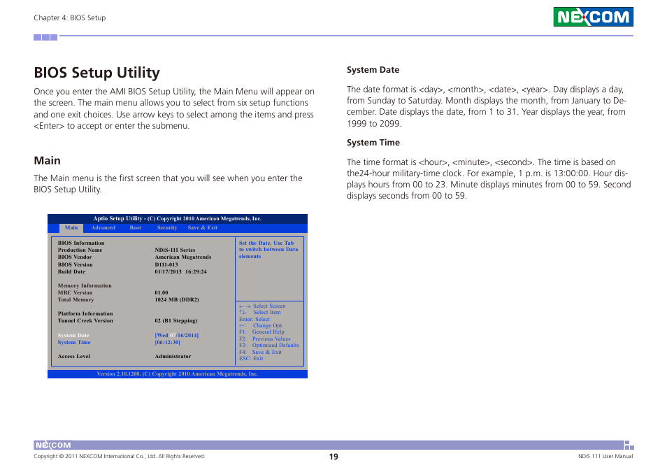 Bios setup utility, Main | NEXCOM NDiS 111 User Manual | Page 31 / 38