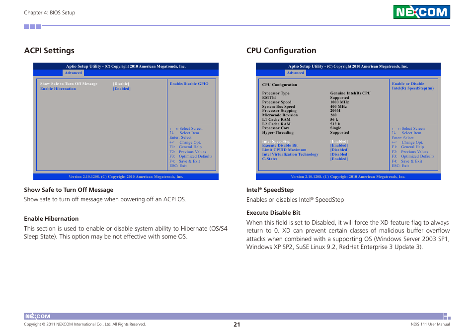 Acpi settings, Cpu configuration, Intel | Speedstep enables or disables intel | NEXCOM NDiS 111 User Manual | Page 33 / 38