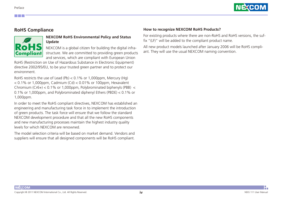 Rohs compliance | NEXCOM NDiS 111 User Manual | Page 4 / 38