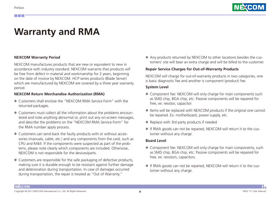 Warranty and rma | NEXCOM NDiS 111 User Manual | Page 5 / 38