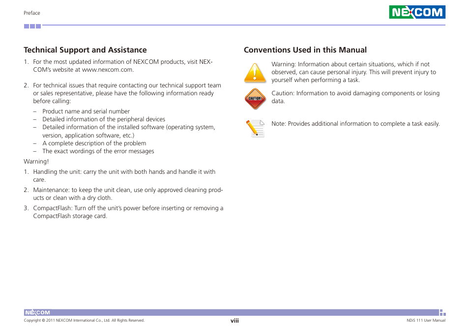 Conventions used in this manual, Technical support and assistance | NEXCOM NDiS 111 User Manual | Page 8 / 38