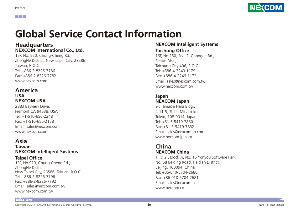 Global service contact information, Headquarters, America | Asia, China | NEXCOM NDiS 111 User Manual | Page 9 / 38